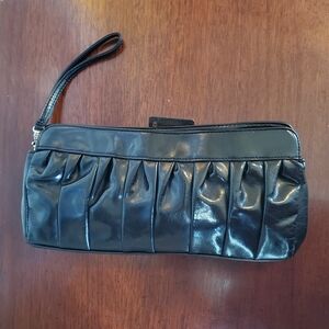 Black Pleather Pleated Clutch with Wrist Strap